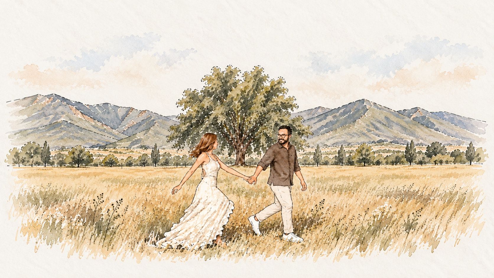 Ilustración en acuarela de Daniel y Estefanía caminando de la mano por el campo