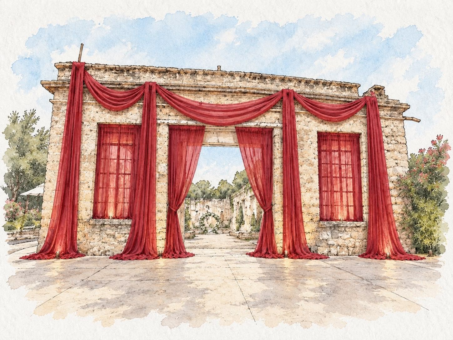 Ilustración en acuarela del lugar de la recepción, con telas rojas