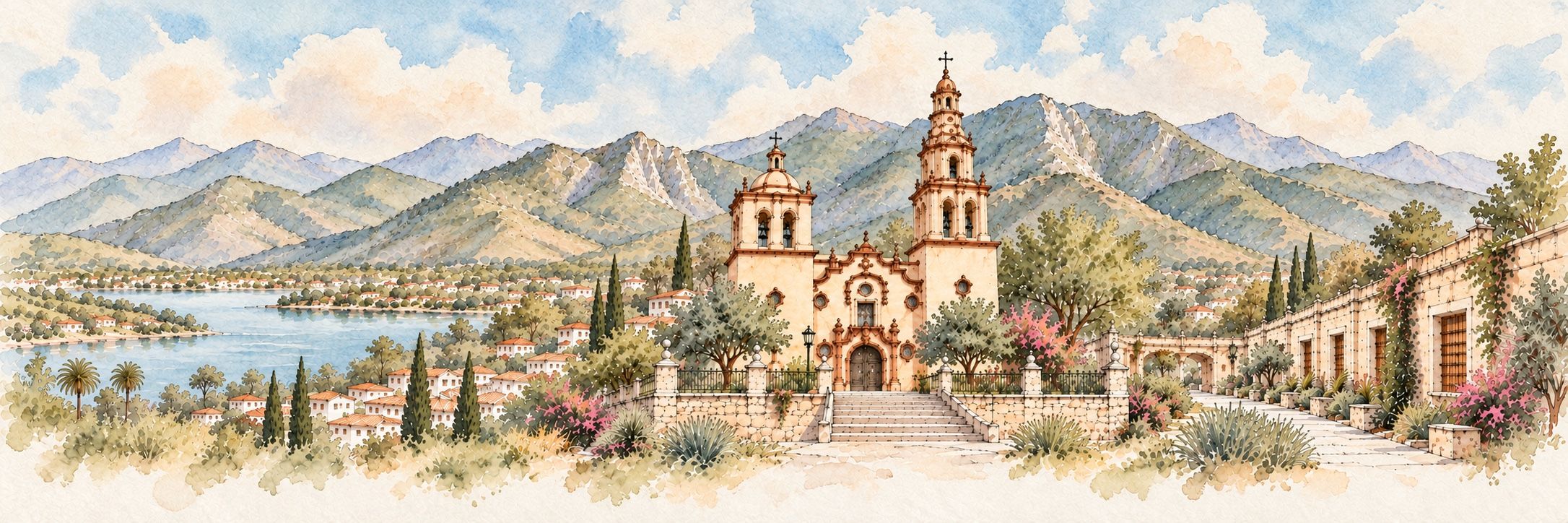 Ilustración panorámica en acuarela de Santiago, Nuevo León